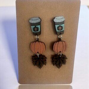 PUMPKIN SPICE LATTE COFFEE, FALL AUTUMN LEAF WOODEN DROP DANGLE EARRINGS
